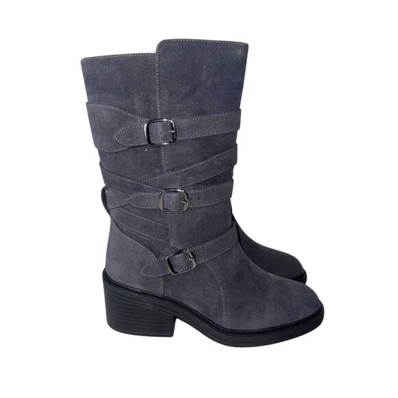 Gray Chunky Heel Mid Calif Women's Boots Size 7 Round Toe - Picture 1 of 14